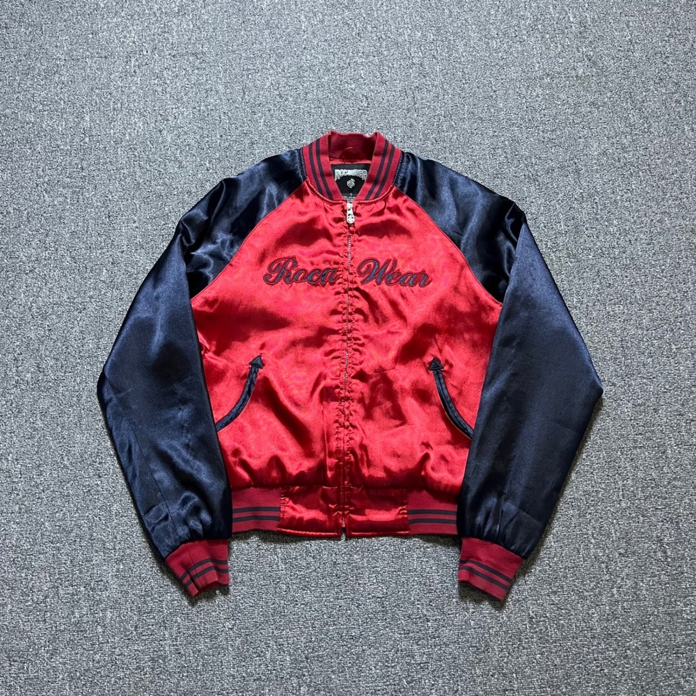 Vintage Rocawear Satin Bomber Jacket Small Red Navy Y2K Streetwear Varsity